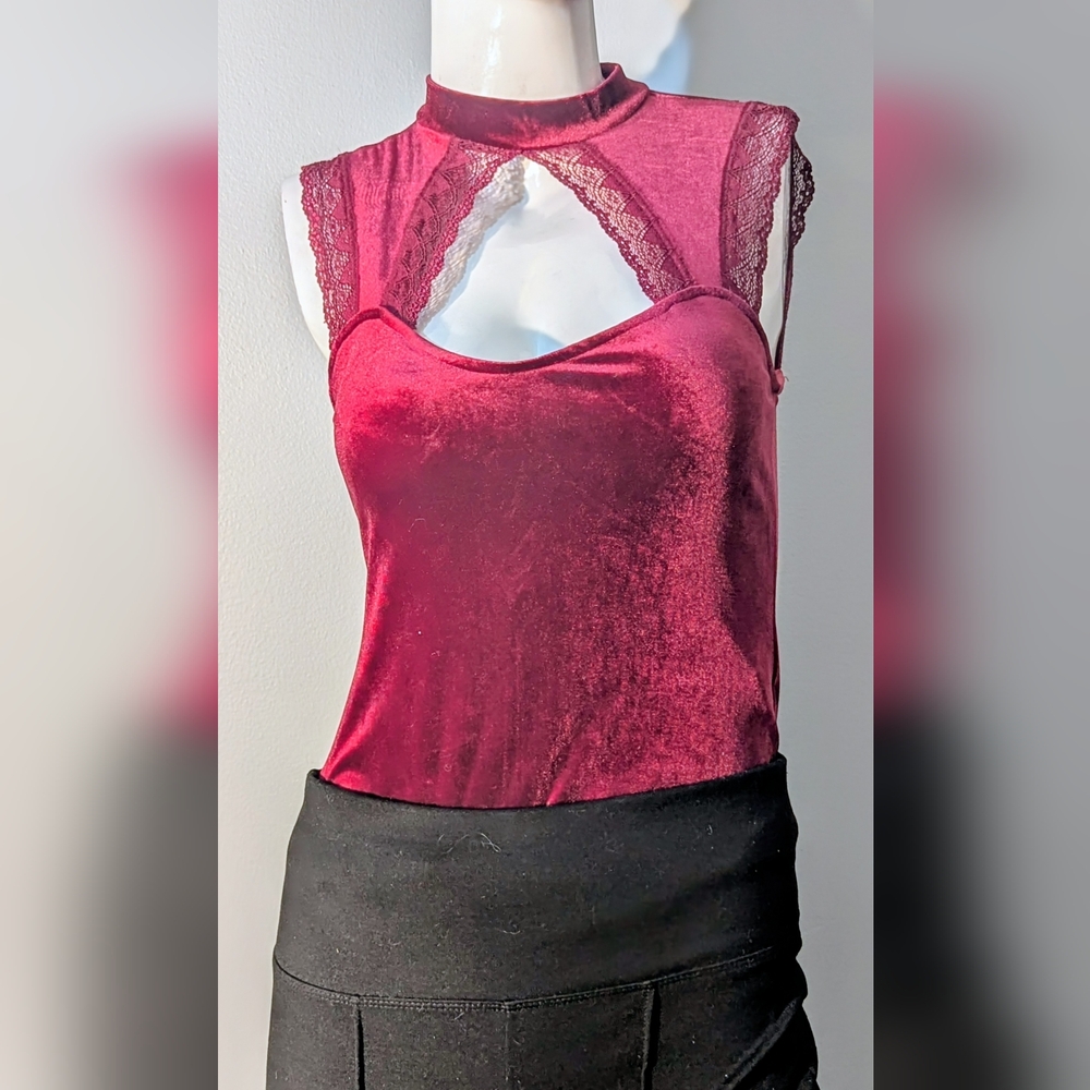 Elegant Velvet Burgundy Top with Lace Detail